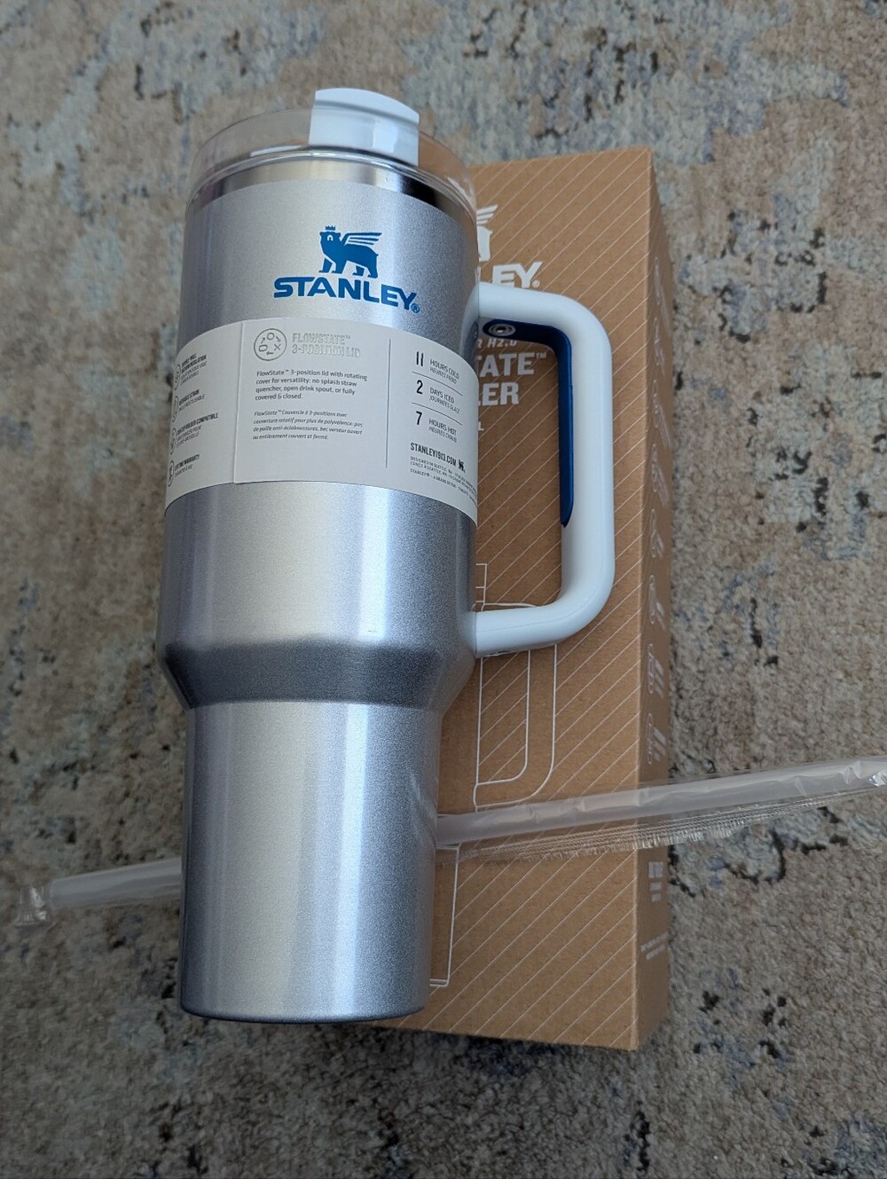 Stanley Silver Travel Tumbler with White Handle and Blue Logo 40 oz